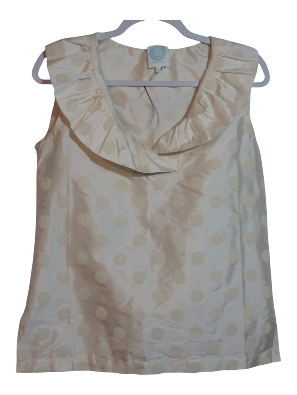Devon Baer Cream Monochromatic Silk Ruffle Neck Sleeveless Blouse Top Size L